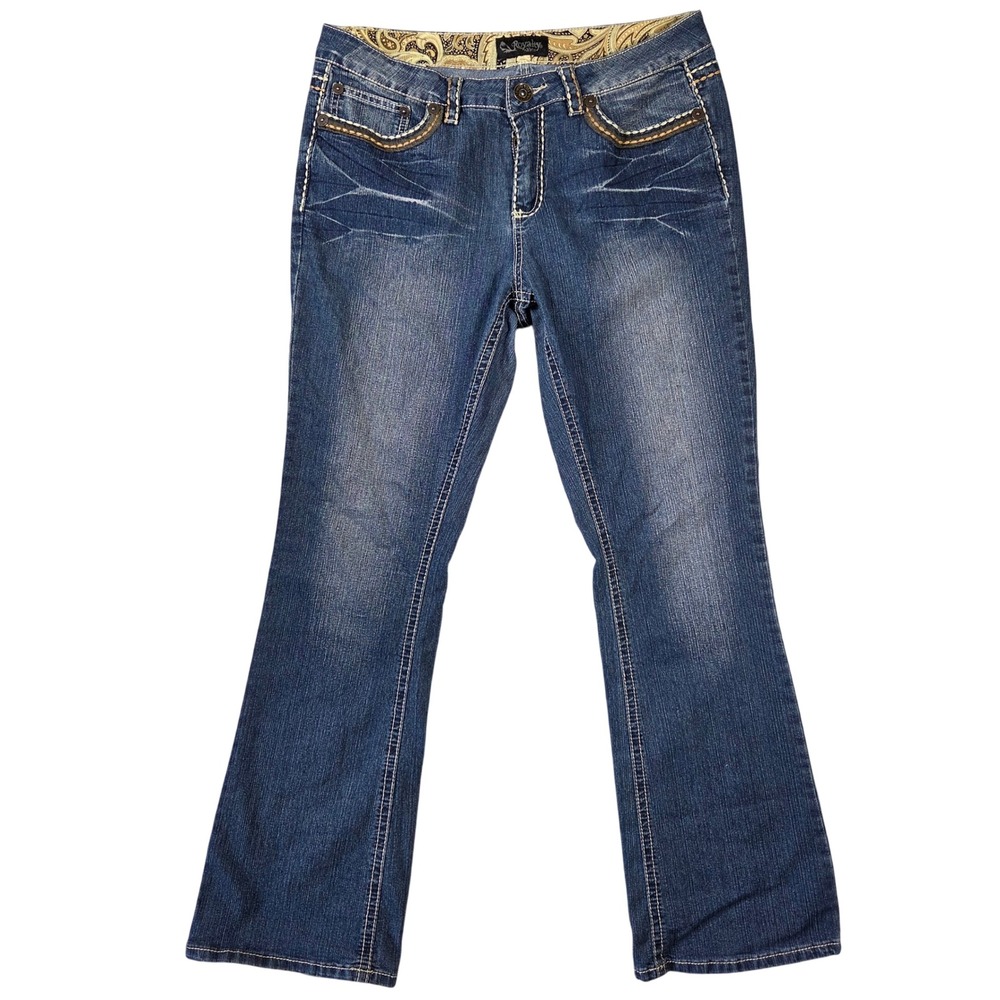 Royalty by YMI Womens 14 Bootcut Jeans Medium Wash Contrast Stitch Embroidered